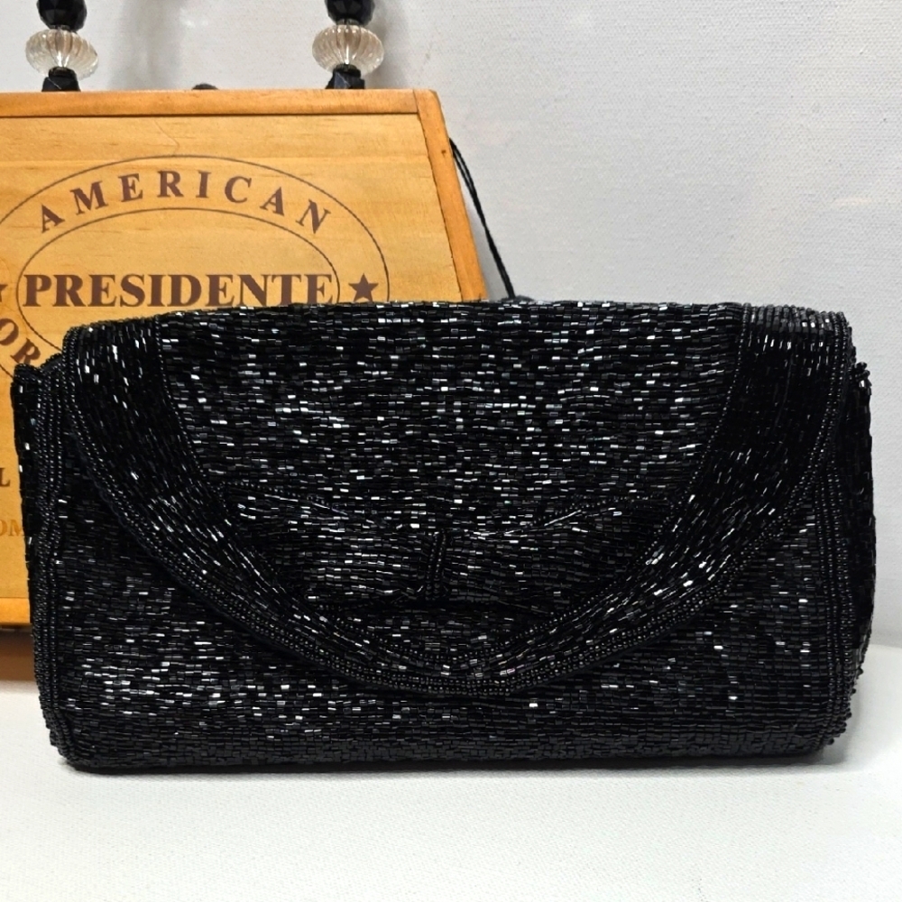 Vintage Elegant Black Glass Beaded Clutch Silk Lined 9x6x2"